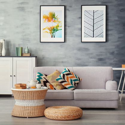 brightly decorated living room